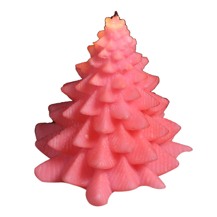 a pink candle shaped like a Christmas tree. The candle is designed with intricate details, mimicking the layered branches of a real tree, and emits a soft, warm glow when lit. It is perfect for adding a festive touch to holiday decorations or for use in a romantic setting.