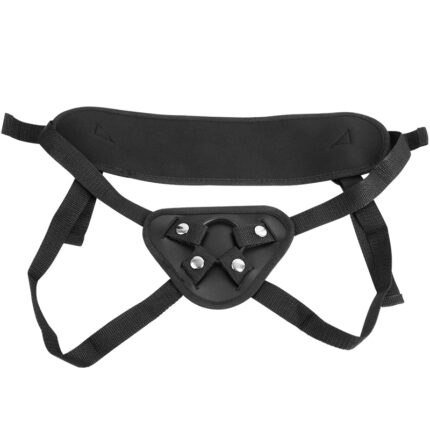 A black adjustable harness with multiple straps and metal rivets, specifically designed as a sex product for men and women, provides secure support. The central section features black fabric and metal buckles for enhanced durability and strength.