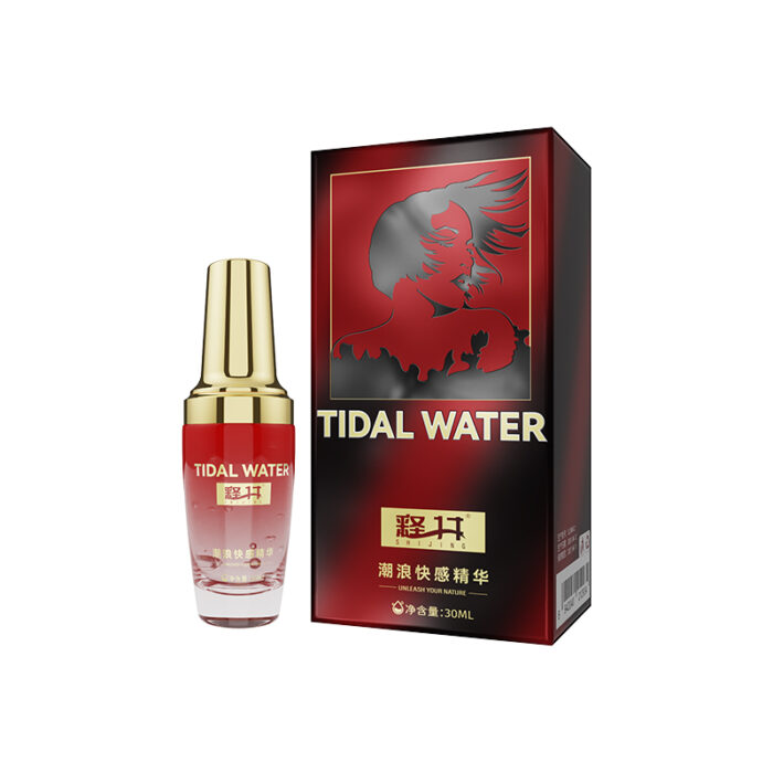 a product called "Tidal Water" in both English and Chinese ("潮浪水"). The product comes in a clear bottle with a golden cap and is presented alongside its packaging box. The box has a red and black design with an image of a bird, giving it a striking and premium appearance. The bottle volume is 30ML.