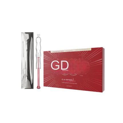 This image features a product packaging for GD, including a transparent device beside a red box with white text and design elements.