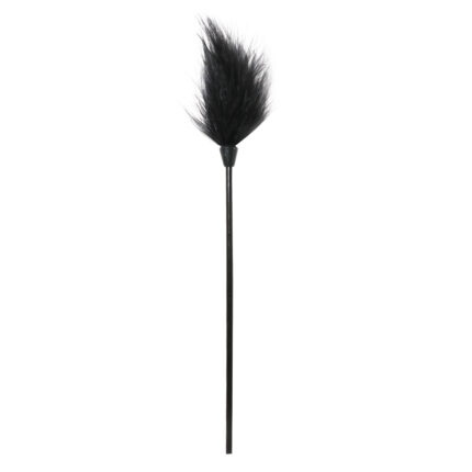 a black feather tickler, designed for sensual and playful teasing. The long handle allows for easy use, while the soft feathers provide a gentle touch to enhance intimate moments and sensory experiences.