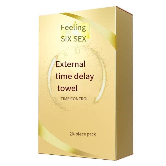 a product named "Feeling SIX SEX" external time delay towel. The packaging has a modern and simple design, primarily in gold, giving it a very high-end and stylish appearance. The package displays the product name "External time delay towel," along with the function description "Time Control," and indicates the quantity "20 pieces/pack." The overall design looks very professional and high-quality, suitable for users who value practical effects and attractive packaging.