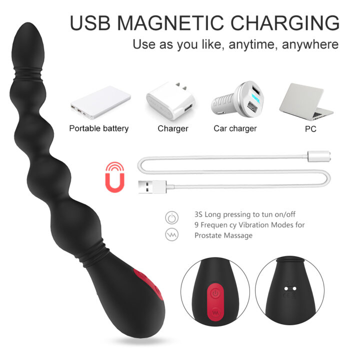 This image showcases a USB magnetic charging sex toy, designed with a flexible, beaded shaft and a handle. The charging method is highlighted, showing compatibility with various devices such as a portable battery, charger, car charger, and PC. It also mentions the device's features, including 9 frequency vibration modes and a long press function to turn it on or off.