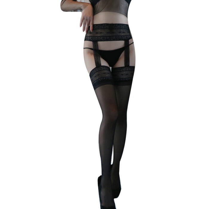 The model is wearing a black lace garter belt with matching black thigh-high stockings and a black thong, presenting a sophisticated and seductive style.