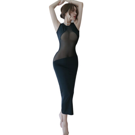 A woman wearing a form-fitting black dress with sheer mesh panels, accentuating her silhouette. She stands with arms raised gracefully above her head.