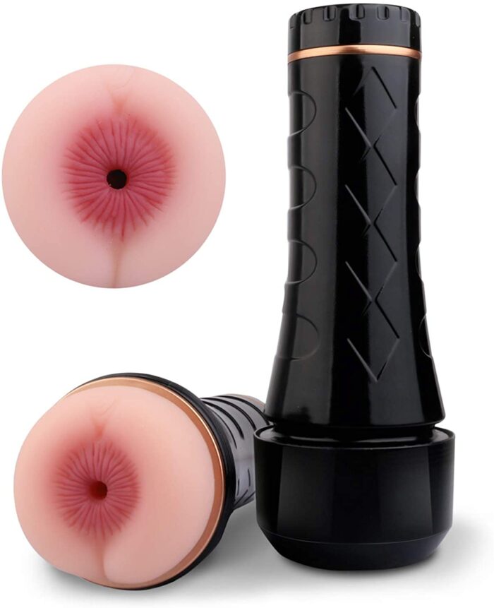 a black-colored, handheld masturbation device designed to resemble an anus. The device features a textured sleeve inside a hard casing, providing a realistic feel. It's intended for personal use to enhance solo sexual experiences.