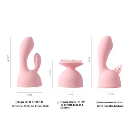 Image displays three pink vibrator attachments: the "Finger Cot" (TT-1917-A) with Eros Stick, the "Flower Sleeve" (TT-19-17) with Eros and Dream, and the "Heart Tongue Sleeve" (TT-1917-B) with Tumbler and Lick Beast. Each attachment is shown with dimensions and corresponding products.