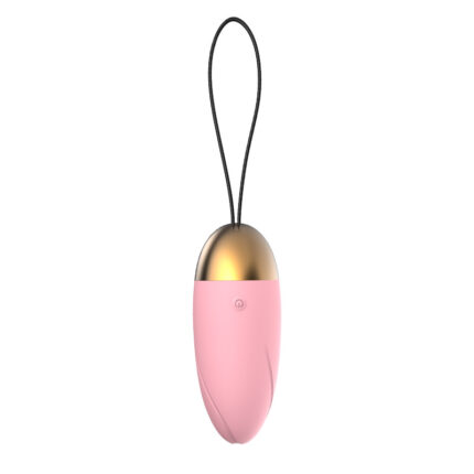 A pink and gold egg-shaped vibrator with a black retrieval cord, designed for intimate use. The sleek design is complemented by a smooth surface and a single button for control.