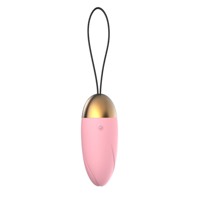 A pink and gold egg-shaped vibrator with a black retrieval cord, designed for intimate use. The sleek design is complemented by a smooth surface and a single button for control.