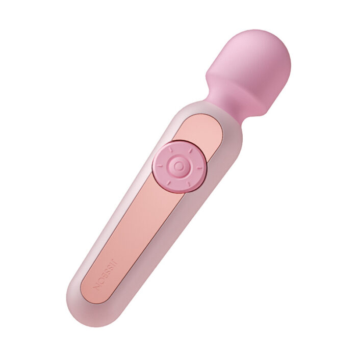 A pink handheld massager with a rotary control button. Modern and ergonomically designed, suitable for personal use, enhancing relaxation and pleasure experiences, easy to operate.