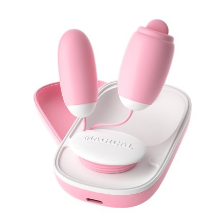 A pink dual-head massager set, including two vibrators and a charging base. Ergonomically designed, suitable for personal or couple use, enhancing pleasure and relaxation experiences, easy to operate and convenient.