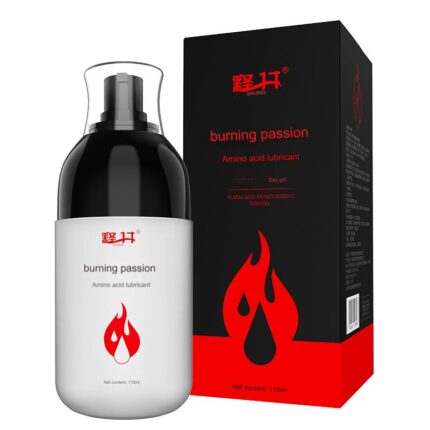 A bottle labeled "Burning Passion" with a black and white design featuring a flame icon, alongside a matching black and red box. The packaging suggests it is an intimate or personal care product.