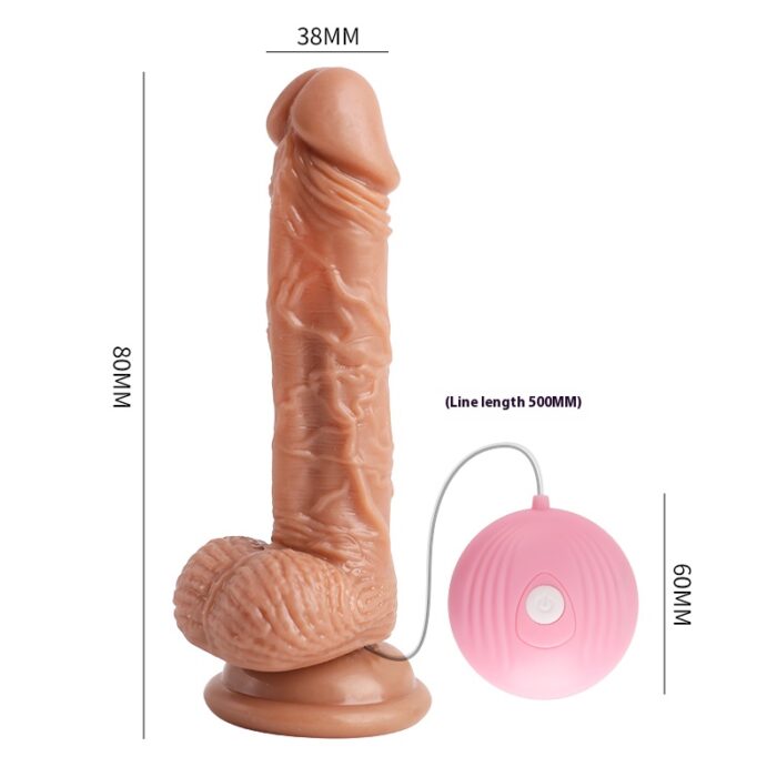 A realistic brown dildo with detailed veins and a flared base, attached to a pink remote control. The dimensions of the dildo are labeled on the image, indicating its size for enhanced stimulation