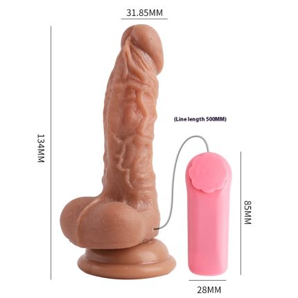 Realistic flesh-colored dildo with detailed dimensions and a pink controller. Soft material, ergonomically designed, suitable for enhancing personal or couple experiences.