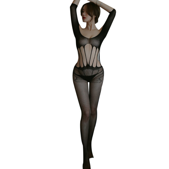 This image features a model wearing a full-body fishnet bodysuit with long sleeves. The suit has a unique design with cut-out patterns on the torso and lower body, enhancing the overall aesthetic appeal. The black color and form-fitting style emphasize the body's curves.