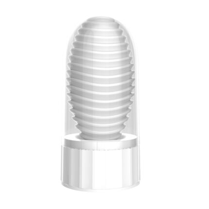 a white, ribbed, cylindrical masturbator sleeve, often used for male pleasure. The device features textured grooves for added stimulation. It is enclosed in a transparent casing, likely for storage and hygiene purposes.