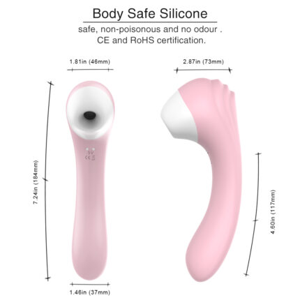 This image depicts a pink silicone vibrator designed for clitoral stimulation. The product features a body-safe silicone construction that is non-toxic, odorless, and certified by CE and RoHS. The dimensions of the vibrator are as follows: it has a length of 7.24 inches (184 mm), a width of 1.81 inches (46 mm) at the head, and a width of 1.46 inches (37 mm) at the base. The other side shows a curved design, measuring 4.60 inches (117 mm) in length and 2.87 inches (73 mm) in width at its widest point.