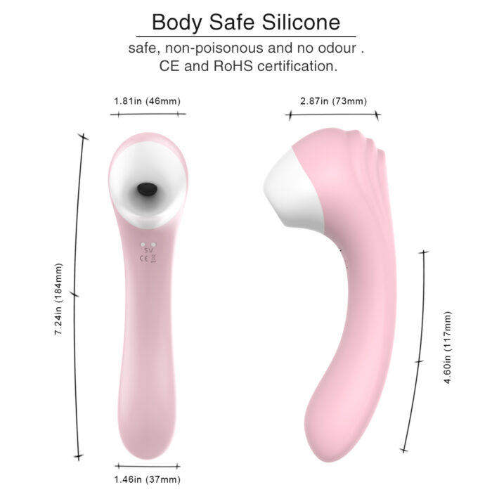 This image depicts a pink silicone vibrator designed for clitoral stimulation. The product features a body-safe silicone construction that is non-toxic, odorless, and certified by CE and RoHS. The dimensions of the vibrator are as follows: it has a length of 7.24 inches (184 mm), a width of 1.81 inches (46 mm) at the head, and a width of 1.46 inches (37 mm) at the base. The other side shows a curved design, measuring 4.60 inches (117 mm) in length and 2.87 inches (73 mm) in width at its widest point.