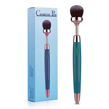 an electric makeup brush with a sleek, blue handle and rose gold accents. The brush head is round and fluffy, designed for applying cosmetics smoothly. The handle features an on/off button, indicating its powered functionality. The product is displayed alongside its packaging, which is labeled "Cosmetic Pen" and matches the brush's elegant design.