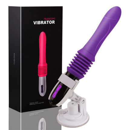 a telescopic vibrator with a purple shaft and a black handle, mounted on a white adjustable base for hands-free use. The base includes a suction cup for secure attachment to smooth surfaces. The product is shown alongside a black box featuring an image of the vibrator, highlighting its sleek design and telescopic function. The packaging and presentation emphasize the device's functionality and convenience.