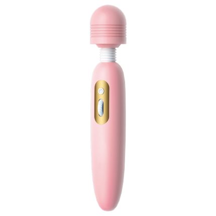 A pink massager with a rounded top, featuring gold accents and a control button. Ergonomically designed, suitable for personal use, enhancing relaxation and pleasure experience, easy to operate.