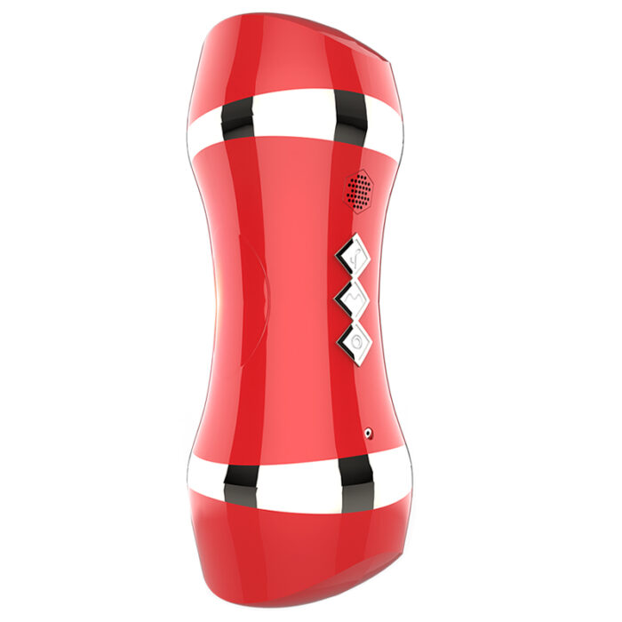 The Male Masturbator Adult Sex Love Toy Double-Headed Airplane Cup Penis Trainer Real Yin Name Toy is a visually striking gadget with a red and white cylindrical shape and a glossy finish. It features ribbed black sections and three silver buttons arranged vertically on one side, with a small speaker grille near the top button, all contributing to its sleek, ergonomic design.