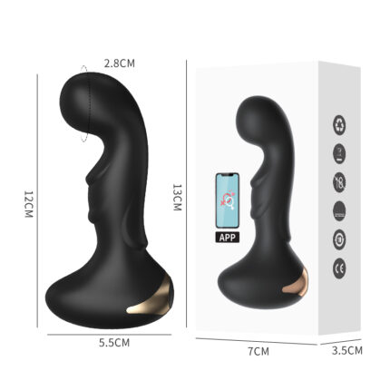 A black prostate massager with a curved design and a flared base. The packaging box next to it highlights features such as vibration modes and a digital display. Dimensions are labeled on the image.