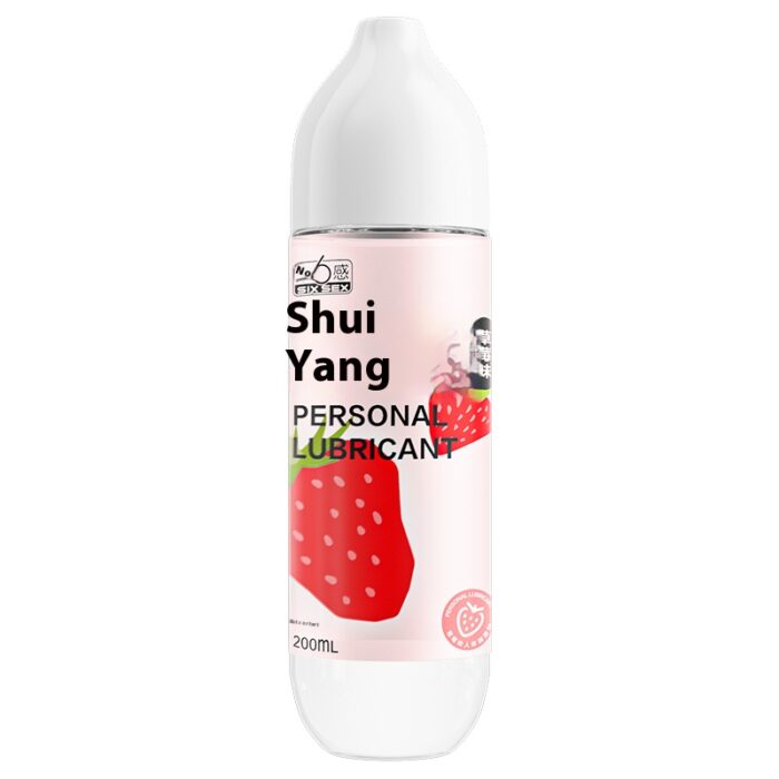 A bottle of Shui Yang Personal Lubricant with a strawberry design on the label. The bottle is white with a pink label featuring English and Chinese text.