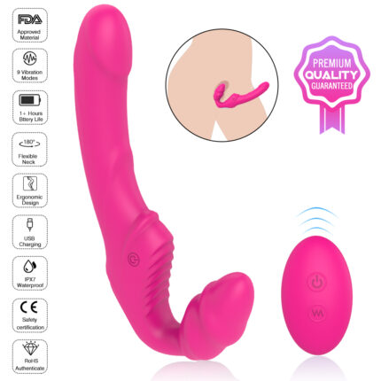 This image showcases a pink ergonomic vibrator designed for dual stimulation of the G-spot and clitoris. The device features a curved design for easy insertion and targeted stimulation, and it includes a wireless remote control for convenience. The product emphasizes premium quality, safety certifications, and multiple vibration modes for enhanced pleasure.