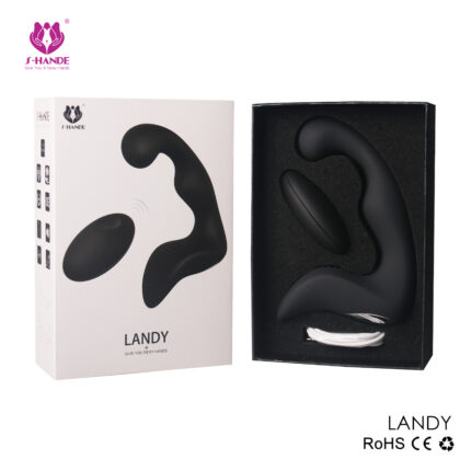 The image displays a sex toy named "LANDY" in its packaging. The toy is black and comes with a remote control. The packaging is sleek and modern, showcasing the product through a transparent window. The box also includes certifications such as RoHS and CE, indicating compliance with European safety standards.