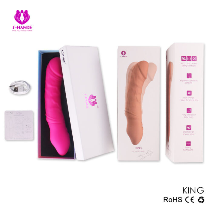 This image displays the packaging of a product from Hande, specifically labeled "KING." The product is a pink, curved vibrator with a realistic design. The packaging includes the vibrator itself, a USB charging cable, and an instruction manual. The box highlights features like RoHS and CE certifications, ensuring compliance with European safety standards. The design suggests a focus on both functionality and aesthetics, providing a premium user experience.