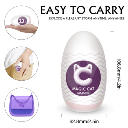 This image depicts a compact and portable male masturbator branded as "Magic Cat." The device is egg-shaped with dimensions of 106.8mm (4.2 inches) in height and 62.8mm (2.5 inches) in width. The packaging emphasizes its ease of carrying, fitting conveniently into a pocket or a small bag, making it suitable for use anytime and anywhere. The product aims to provide a pleasurable experience in a discreet and easily transportable format.