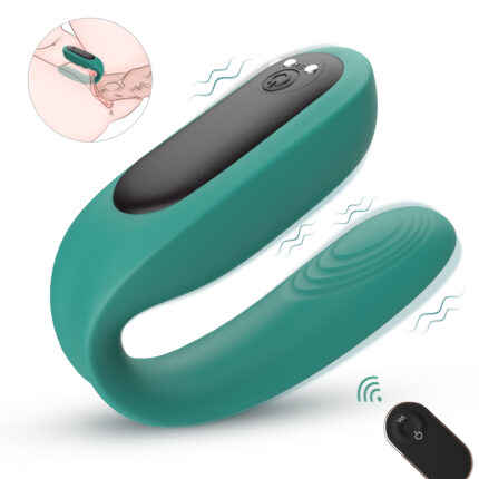 The item is a wearable vibrator designed for simultaneous internal and external stimulation. It features a U-shaped design, allowing it to stay in place during use, and offers multiple vibration modes controlled via a remote.