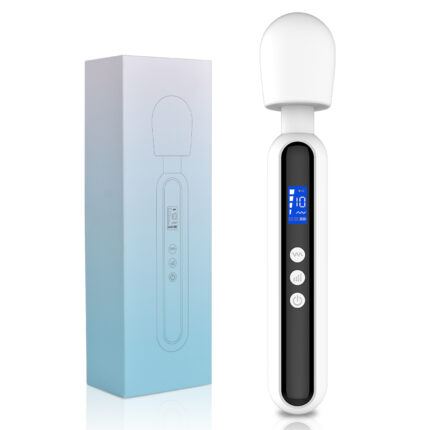 a white handheld massager with a black handle and a digital display screen. The device includes three buttons for control. The packaging box is placed next to it, with an illustration of the massager on the front. This device appears designed for personal massage and relaxation.