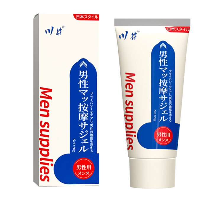 A tube of male adult toy with red and blue labels. Simple packaging box, suitable for enhancing male pleasure experience, easy to use, suitable for various occasions.