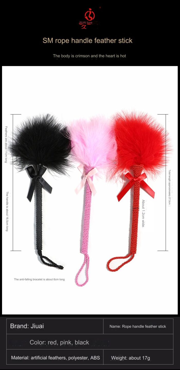 three SM rope handle feather sticks in black, pink, and red. Each stick features a fluffy feather top and a ribbon tied around the handle. The handle itself is made of rope, designed for a secure grip. The brand name "Jiuai" and product details are mentioned, highlighting the color options, material (artificial feathers, polyester, ABS), and weight (about 17g).