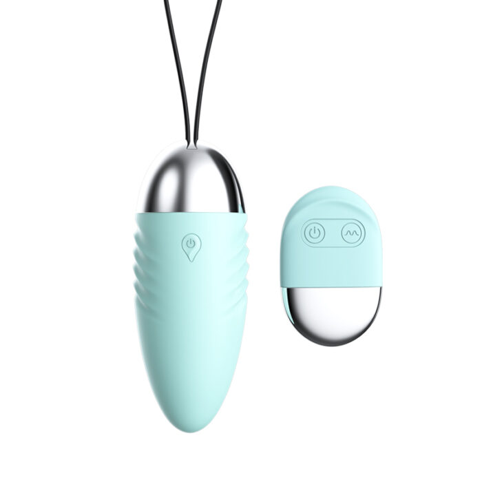 The image features a sleek, modern massager and its remote control. Both devices are in a light blue color with metallic silver accents. The massager is elongated with a textured grip and a string for handling. The remote control is oval-shaped with two buttons for operation. The design is elegant and user-friendly.