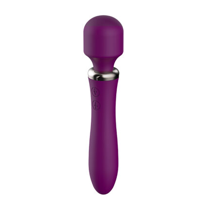 A purple handheld massager with a rounded head and smooth handle, featuring a silver accent ring near the head. The device is designed for personal use and relaxation.