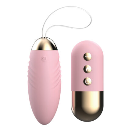 The image features a pink massager and its remote control with a sleek and modern design. The massager is elongated with a textured grip and a string for handling. The remote control is also pink with three metallic buttons and a gold accent at the bottom, creating an elegant and user-friendly appearance.