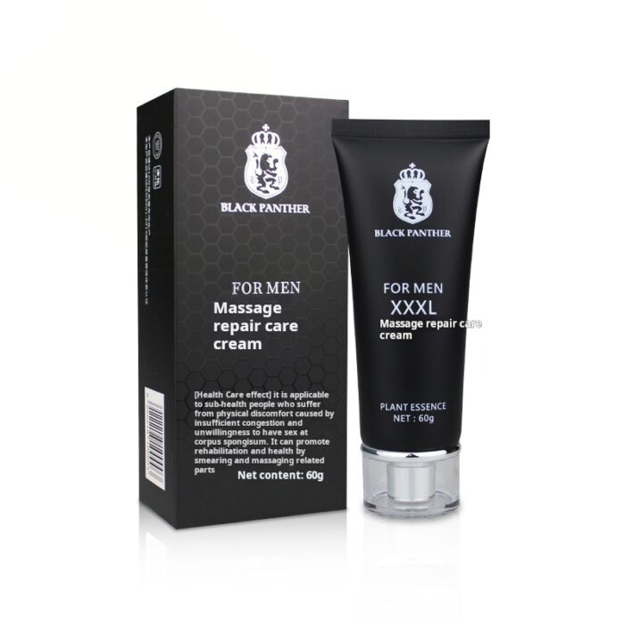 A black tube of "Black Panther FOR MEN XXXL Massage repair care cream" with a matching box. The packaging features a white lion crest logo and text indicating it contains 60g of plant essence.