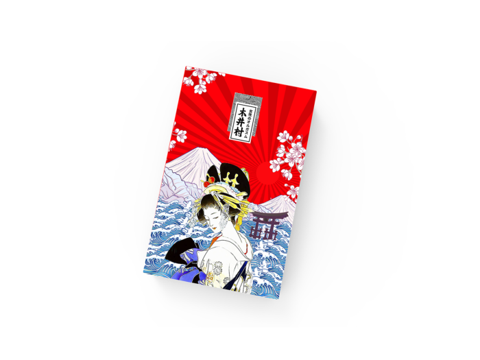 a product packaging from the Kijimura brand, with a very unique and appealing design. The packaging box is predominantly red, with white illustrations of cherry blossoms, waves, and Mount Fuji, incorporating traditional Japanese elements. The front of the box depicts a woman in a traditional kimono, conveying a sense of elegance and cultural richness. The brand logo is positioned at the top of the box, highlighting the product's identity and high quality. The overall design is artistic and culturally infused, making it ideal for consumers who appreciate aesthetics and quality.