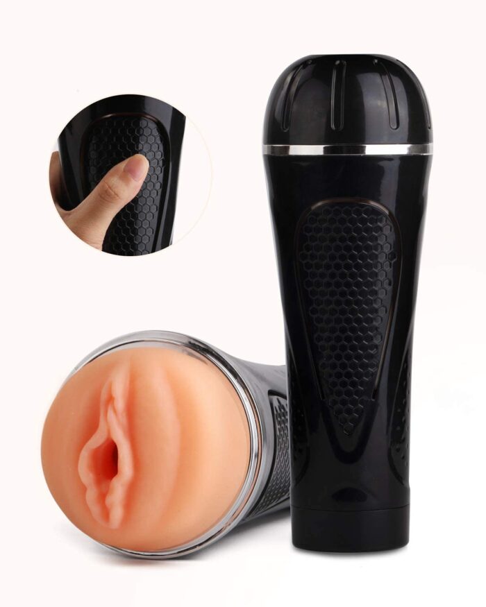 a black handheld masturbation device designed to resemble a vagina. The device features a textured sleeve inside a hard casing, providing a realistic feel. It includes a close-up insert to highlight the grip texture and ease of use, intended for enhancing solo sexual experiences.