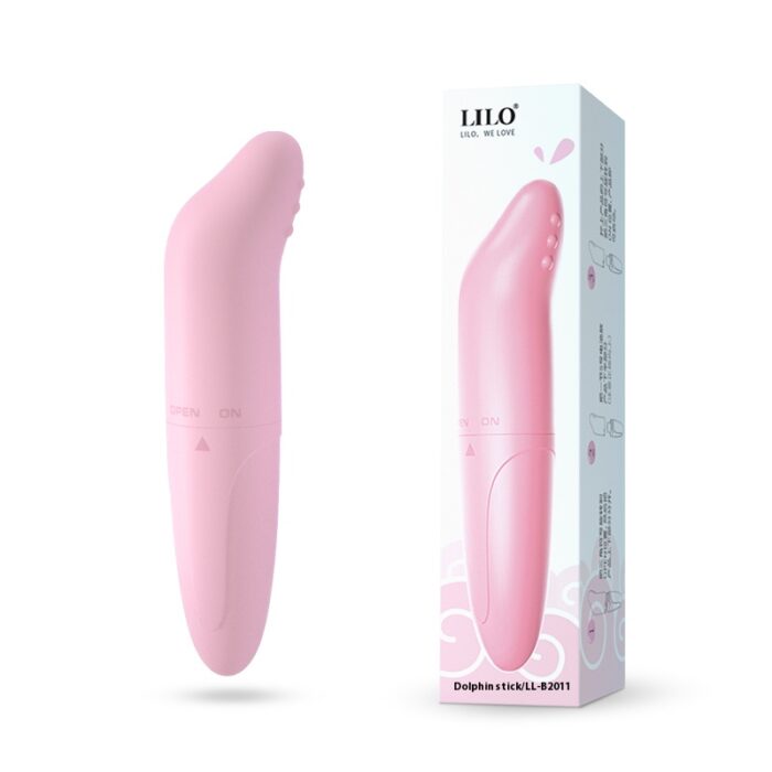 A pink "LILO Dolphin Stick L-8001" vibrator is displayed next to its matching box. The sleek, curved design of the vibrator is intended for intimate pleasure, and the packaging highlights its key features and usage instructions.