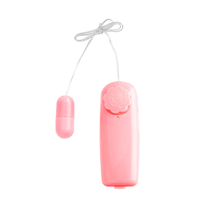 A pink wired bullet vibrator with a control unit. The bullet vibrator is small and cylindrical, connected by a wire to the handheld control unit with a dial for adjusting settings.