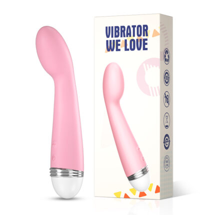 A pink G-spot vibrator with a slightly curved design and a white base is shown next to its packaging. The box features the text "VIBRATOR WE LOVE" and various icons indicating its features.