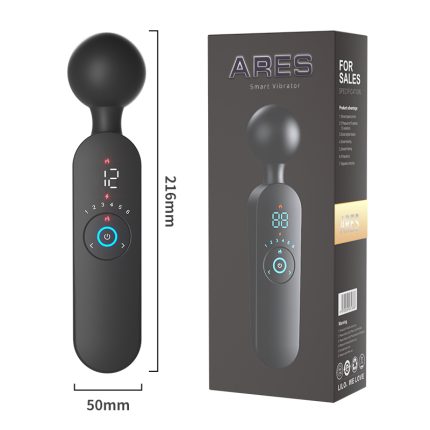 A black handheld massager with an LED display and buttons. Modern and ergonomically designed, suitable for personal use, enhancing relaxation and pleasure experiences, easy to operate.