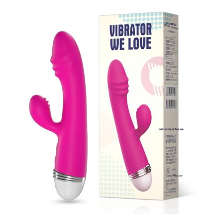 A bright pink G-spot vibrator with a curved design and dual stimulation arms, featuring a white base, is displayed next to its packaging. The box reads "VIBRATOR WE LOVE" and showcases various feature icons.