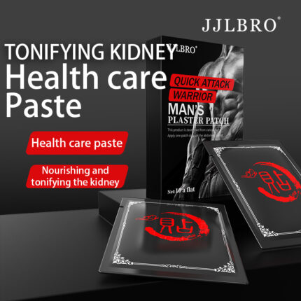 a JJLBRO brand Tonifying Kidney Health Care Paste. The packaging has a modern and visually striking design, primarily in black and red, giving it a very high-end and stylish appearance. The box displays the brand name “JJLBRO” and the product name “Tonifying Kidney Health Care Paste.” Next to it are some descriptions of the product's functions, such as “Health care paste” and “Nourishing and tonifying the kidney,” highlighting its effectiveness in nourishing and tonifying the kidneys. The box shows individual health patch packaging, and the overall design looks very professional and high-end, suitable for male users who value health and quality of life.