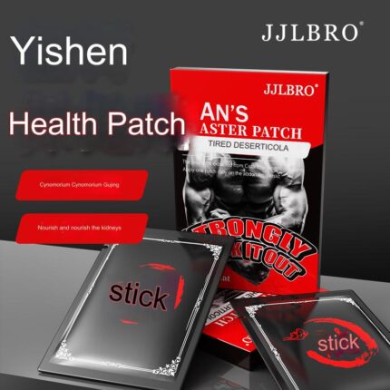 a JJLBRO brand Yishen Health Patch. The packaging has a modern and visually striking design, primarily in black and red, giving it a very high-end and stylish appearance. The box displays the brand name “JJLBRO” and the product name “Yishen Health Patch.” Next to it are two red labels stating “Suitable for external sticking” and “Provide you with good feelings,” emphasizing the product's external use and positive user experience. The box shows individual health patch packaging, and the overall design looks very professional and high-end, suitable for users who value health and quality of life.