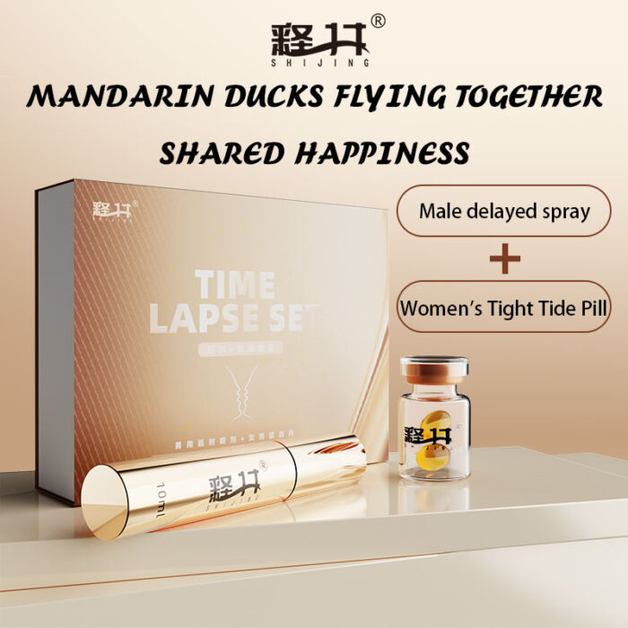 a product set from the SHIJING brand called the "Time Lapse Set." The set includes a male delayed spray and women's Tight Tide Pill. The packaging box is in a luxurious gold color with white text. The male delayed spray is also gold-colored, matching the box, while the women's Tight Tide Pill is in a small, clear bottle with a white cap. The text on the image highlights "MANDARIN DUCKS FLYING TOGETHER SHARED HAPPINESS," emphasizing the product's purpose for enhancing shared intimate experiences. The overall design exudes elegance and sophistication, targeting couples seeking to enhance their intimate moments.